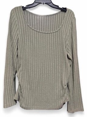 Ribbed Scoop Neck Long Sleeve Top - Olive